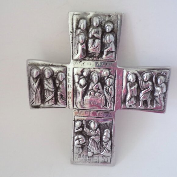 Pewter Cross With Relief Images Made in Mexico 9 Inch Tall - Picture 1 of 7